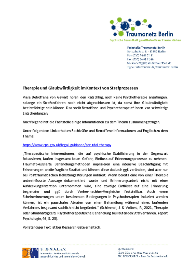 Therapie und Glaubwürdigkeit im Kontext von Strafprozessen